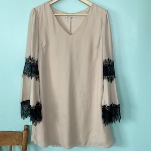 Charlotte Russe nude color dress with black lace sleeves, size medium